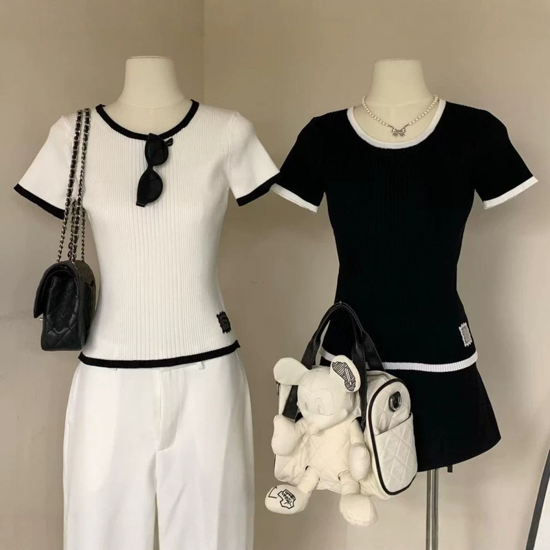 Xiangjia High-Quality 2026 Summer New Color-Blocked Round-Neck Pullover Knit Short-Sleeve Slim-Fit Versatile Youthful Top