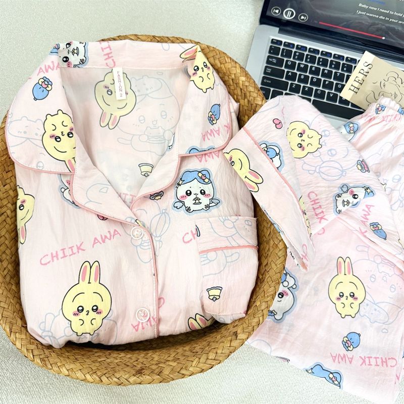 日系格子helloKitty睡衣女款春秋夏季纯棉长袖可爱开衫棉纱家居服|undefined