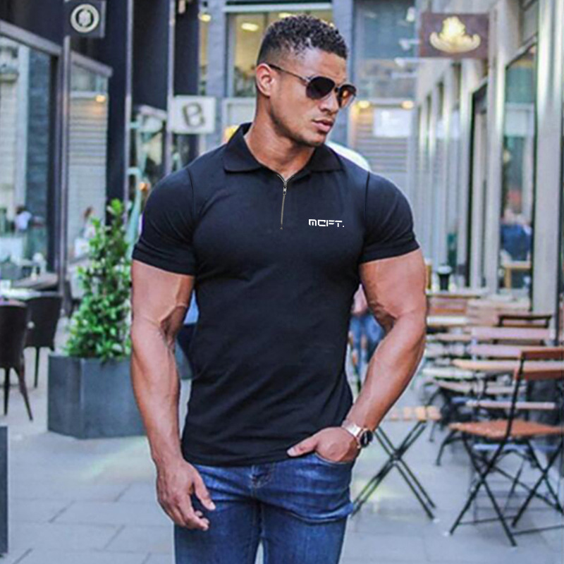 mcft trendy fitness sport polo shirt men's summer printed zipper lapel fashionable poloT shirt men's Cotton
