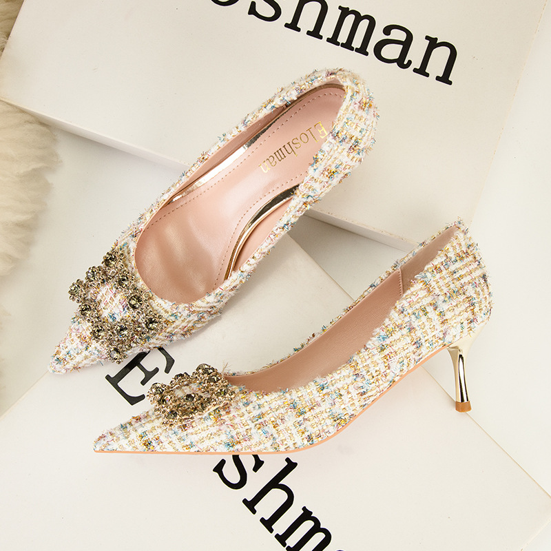 Fashion sexy slim high heels slim heels High heels shallow-cut pointe sparkling rhinester buckle women's single shoes_voghion.com