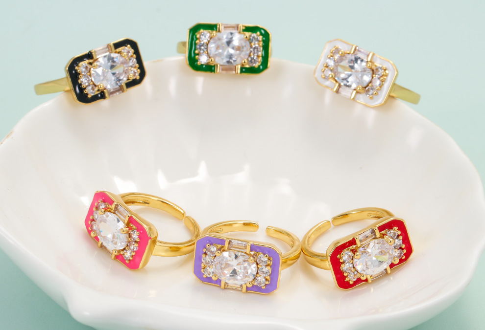 Birthday Occasion Copper Material Korean Style Square Color Oil Drop Copper Ring Geometric Micro-set Zircon Opening Adjustable Ring