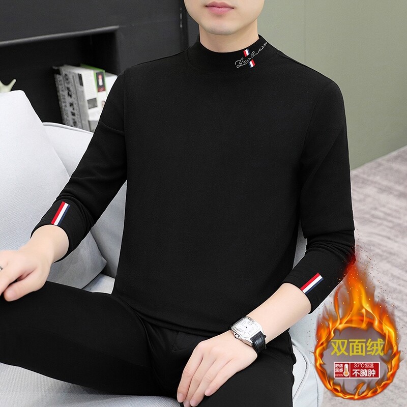 가을과 겨울을위한 반 높이 칼라 따뜻한 셔츠와 남성용 기모 두껍게베이스 셔츠