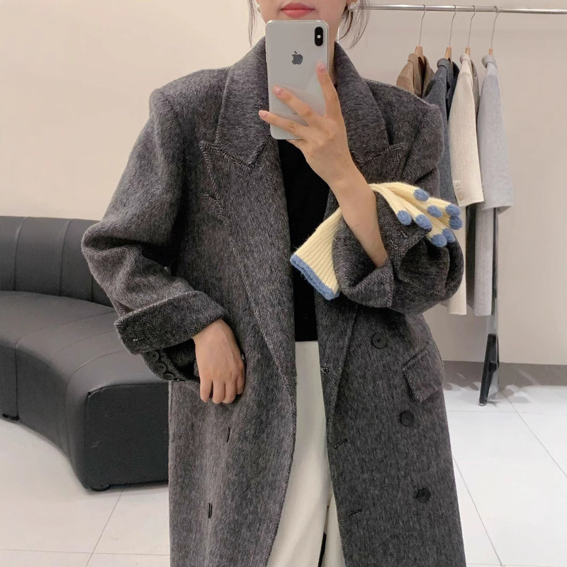 Autumn and Winter New Herringbone Pattern Pad Shoulder Dress Collar Double-sided Twin Women's Double-breasted Extending Long Slim Jacket Wool Coat