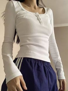 Square Neck Top Women's White Long-Sleeved T-Shirt Bottoming Shirt Pure Desire High-End Autumn and Winter Brushed Warm Exposed Collarbone Top