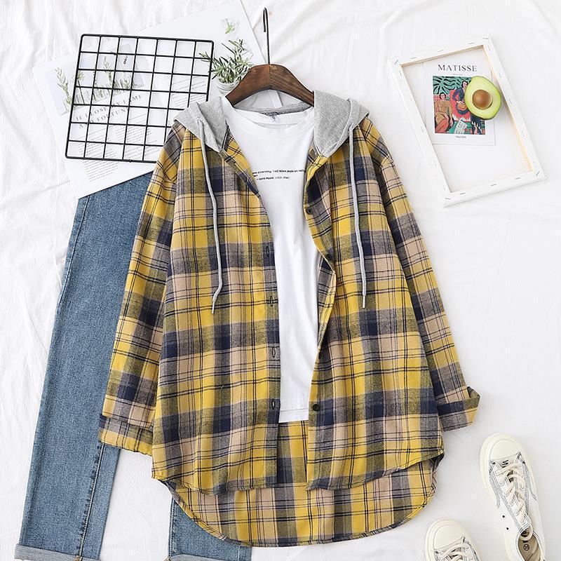 Middle School Student Spring and Autumn Plaid Shirt Women New Retro Hong Kong Flavor Ins Loose Hooded Sun Protection Jacket 0 Jieqi