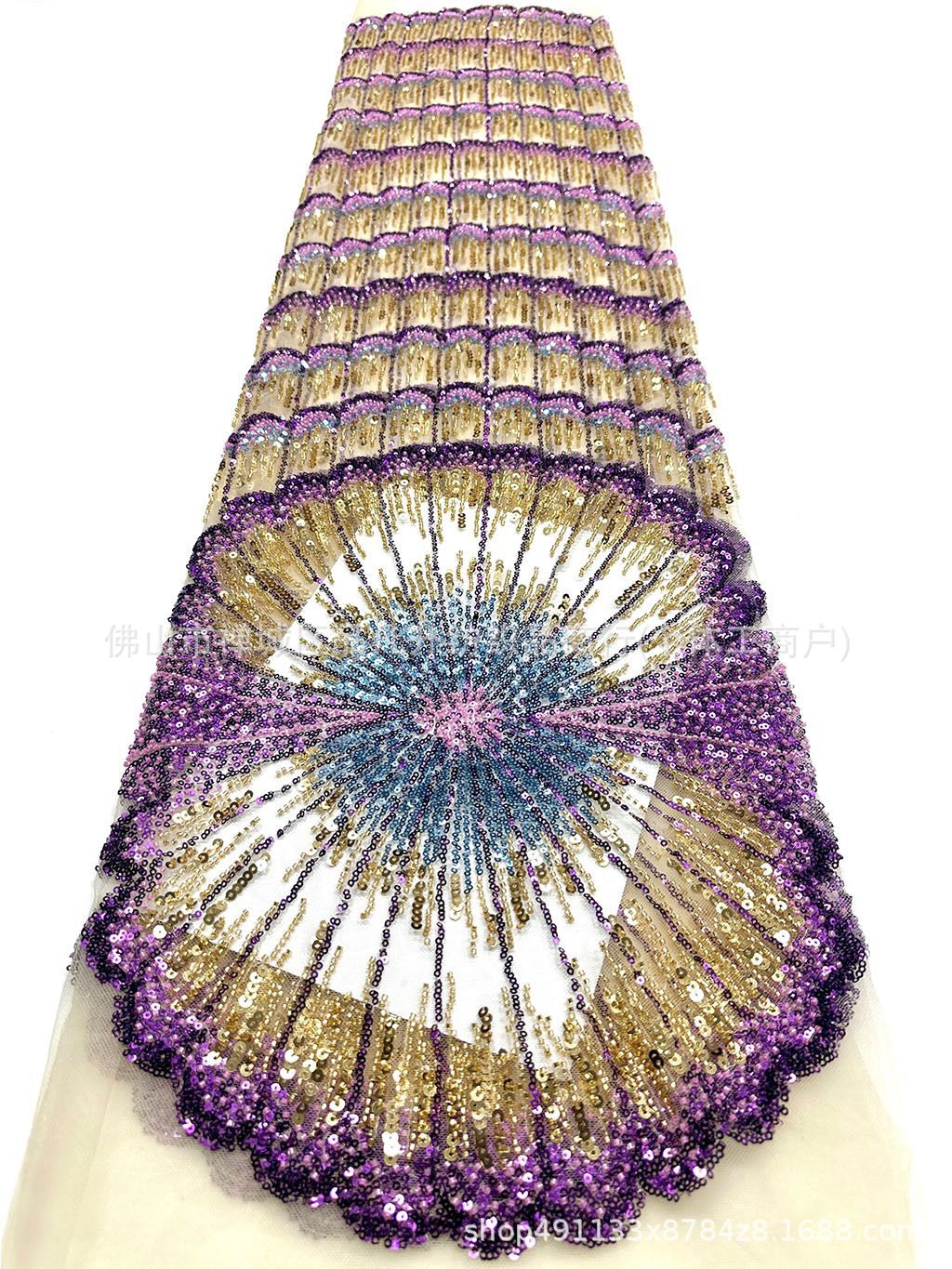 Desfile de pasarela con gran flor en forma de ventilador de sequilla tela de cuentas de clavos ligera cena de lujo alta tela de vestido delgado