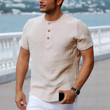 欧美跨境亚马逊tk热卖男款短袖t恤宽松复古竹节亨利衫t恤男短袖