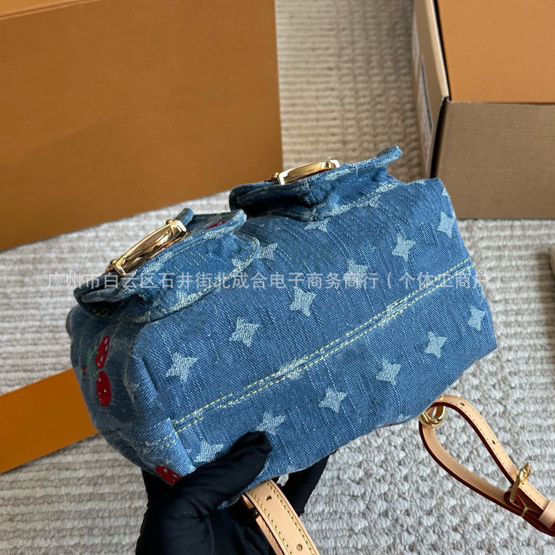跨境专供欧美复古丹宁牛仔系列樱桃刺绣老花双肩包时尚潮流小背包|undefined