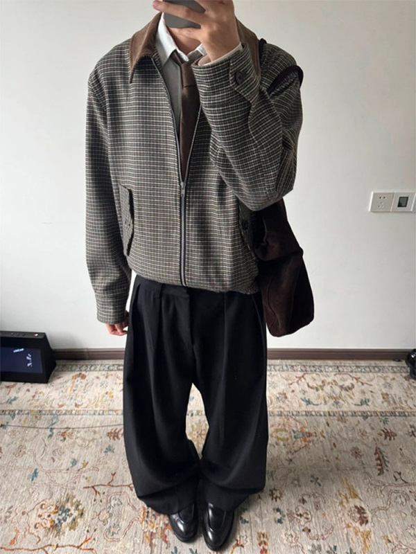 Houndstooth Corduroy Lapel Jacket Men's Autumn Design Long-Sleeved Top Retro Old Money Style Short Jacket