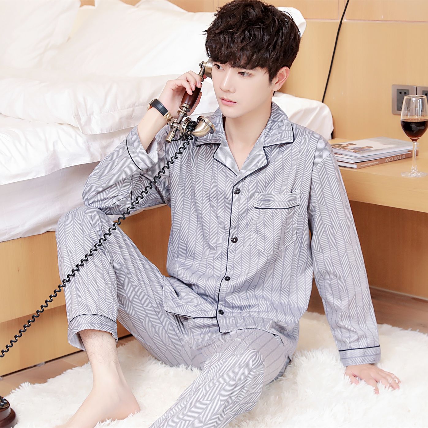 Pijamas de hombre Pijamas de primavera y otoño pantalones de algodón de manga larga de los hombres cardigan verde de mediana edad ropa de hogar traje de invierno para los ancianos