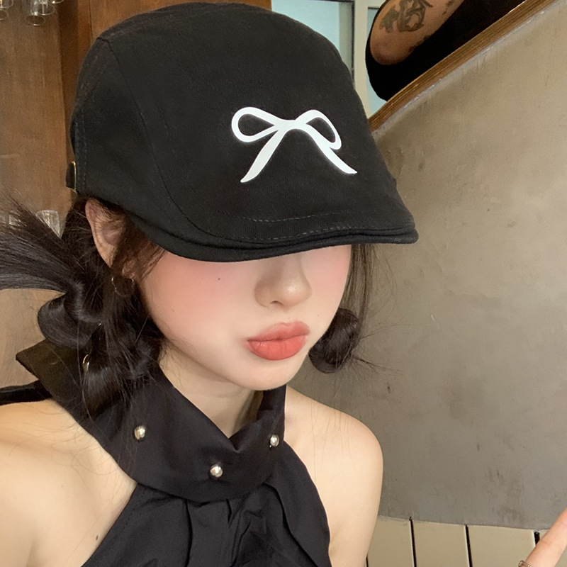 美式y2k复古蝴蝶结刺绣前进帽女新款春夏薄款百搭鸭舌贝雷帽