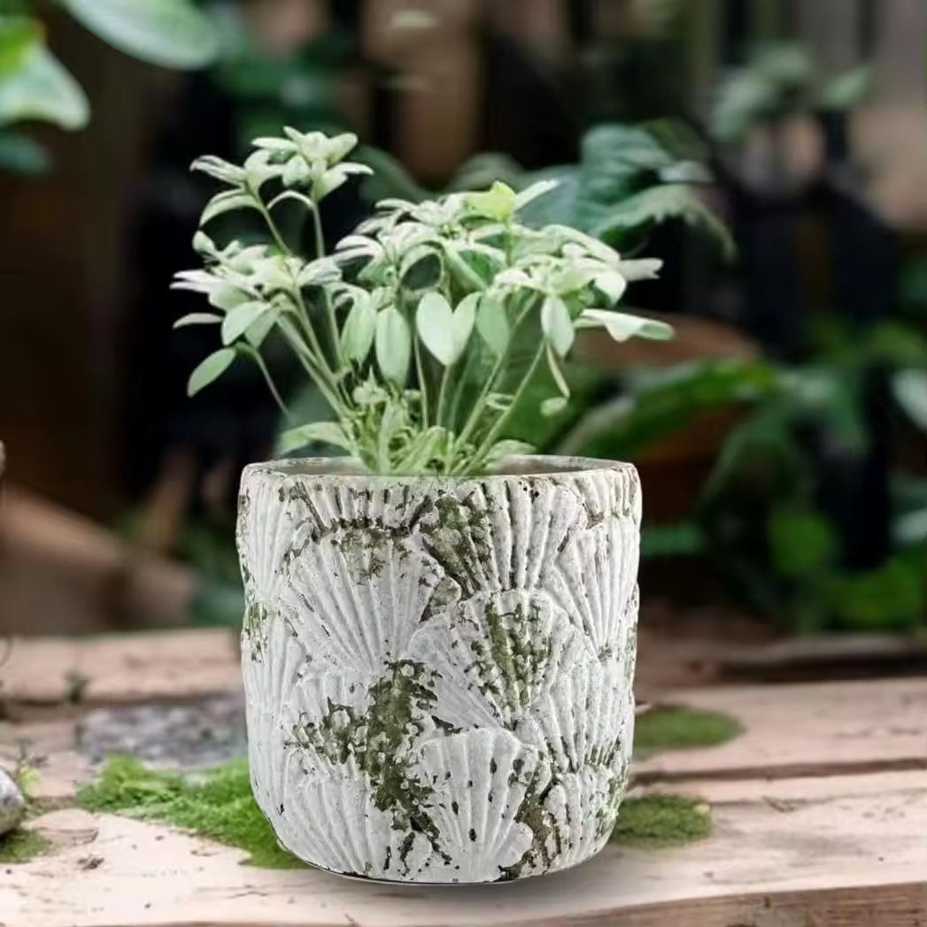 vasija de flores al aire libre con contenedor de almacenamiento de textura natural para taza de cerámica de estilo de concha de viento marino
