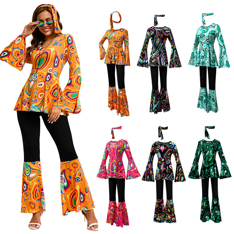 2025 New European and American Cross-Border Multi-Color Printed Tops and Pants Splicing Suit with Headscarf Disco Dance Clothes for Women