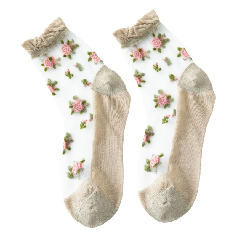 Rosa flor burbuja boca encaje Calcetines Mujer media pantorrilla Cristal Medias de cristal fino verano transparente caqui medias
