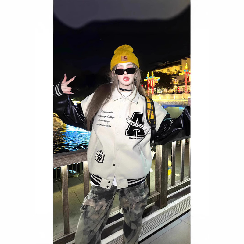 Amazon Cross-border Embroidered Heavy Industry Jacket 2025 Spring New Stitching Loose Retro Couple Baseball Suit Jacket