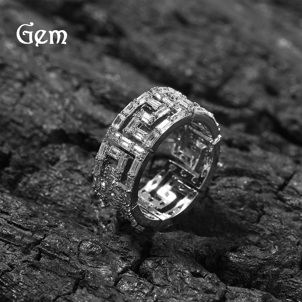 European and American New Product Retrofit Square Zirconia Ring with Male Creative Hollow out Design Copper Set Zircon Hip Hop Ring_voghion.com
