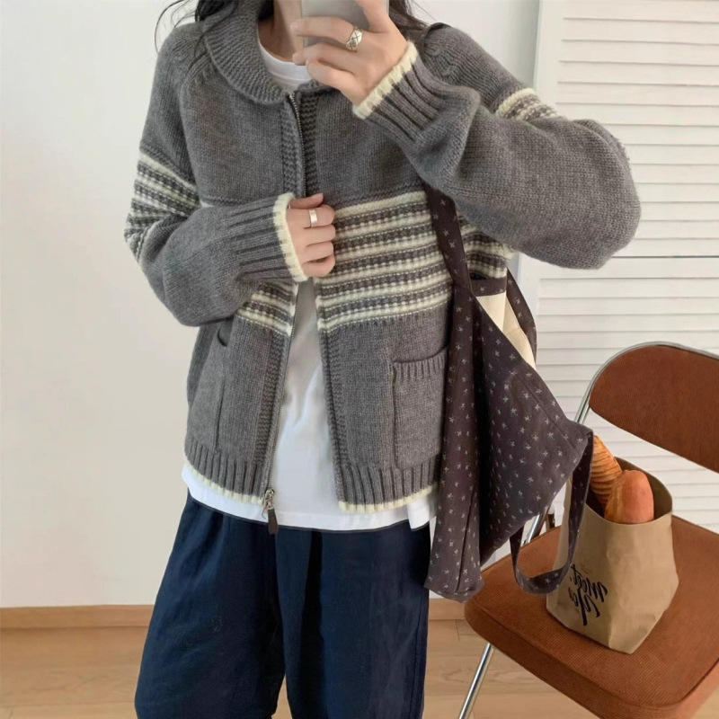 撞色条纹翻领毛衣外套女2025秋冬新款设计感宽松加厚针织开衫上衣|undefined