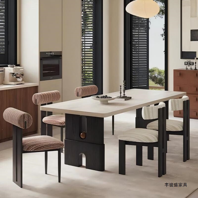 Fengjunsheng's New Mid-Century French-Style Travertine Dining Table and Chair Set for Home Use, Suitable for Small Apartments, Simple Rectangular Dining Set Fengjunsheng's New Mid-Century French-Style Travertine Dining Table and Chair Set for Home Use, Suitable for Small Apartments, Simple Rectangular Dining Set