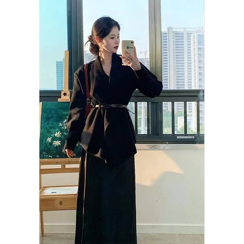 套装女2025秋冬季新款韩系高级感翻领针织毛衣开衫高腰显瘦半身裙|undefined