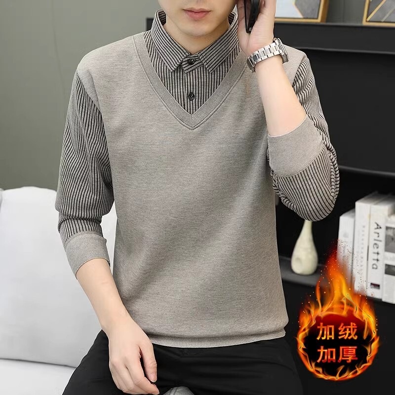 Men's faux two-piece t-shirt sweater knitwear with shirt collar, dad-style, fleece-lined, thickened, warm, new striped design Men's faux two-piece t-shirt sweater knitwear with shirt collar, dad-style, fleece-lined, thickened, warm, new striped design