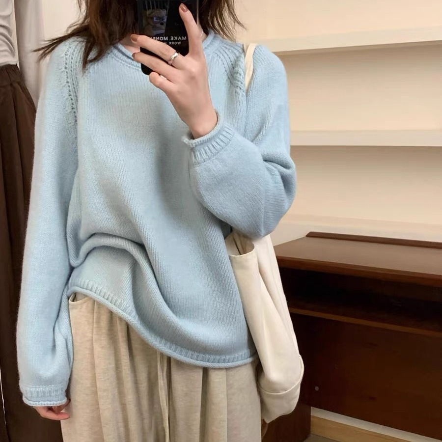 Korean curly-edged solid color pullover sweater for women gentle loose knitted tops versatile lazy style soft glutinous sweater