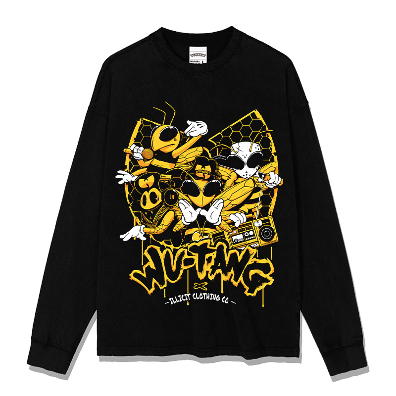 Wu-tang camiseta de manga corta retro americana con estampado lavado y desgastado suéter con capucha y cuello redondo suelto de algodón pesado