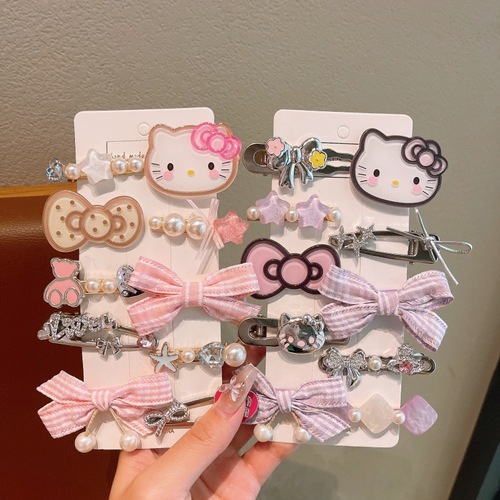 Children's hair clip cute cat side fringe hair clip fabric bow metal clip for girls versatile hair clip