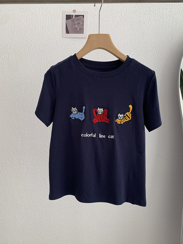 Omalai 三匹の子猫刺繍ラウンドネック右肩半袖 Tシャツ夏カジュアル万能ファッショントップ 3507|undefined