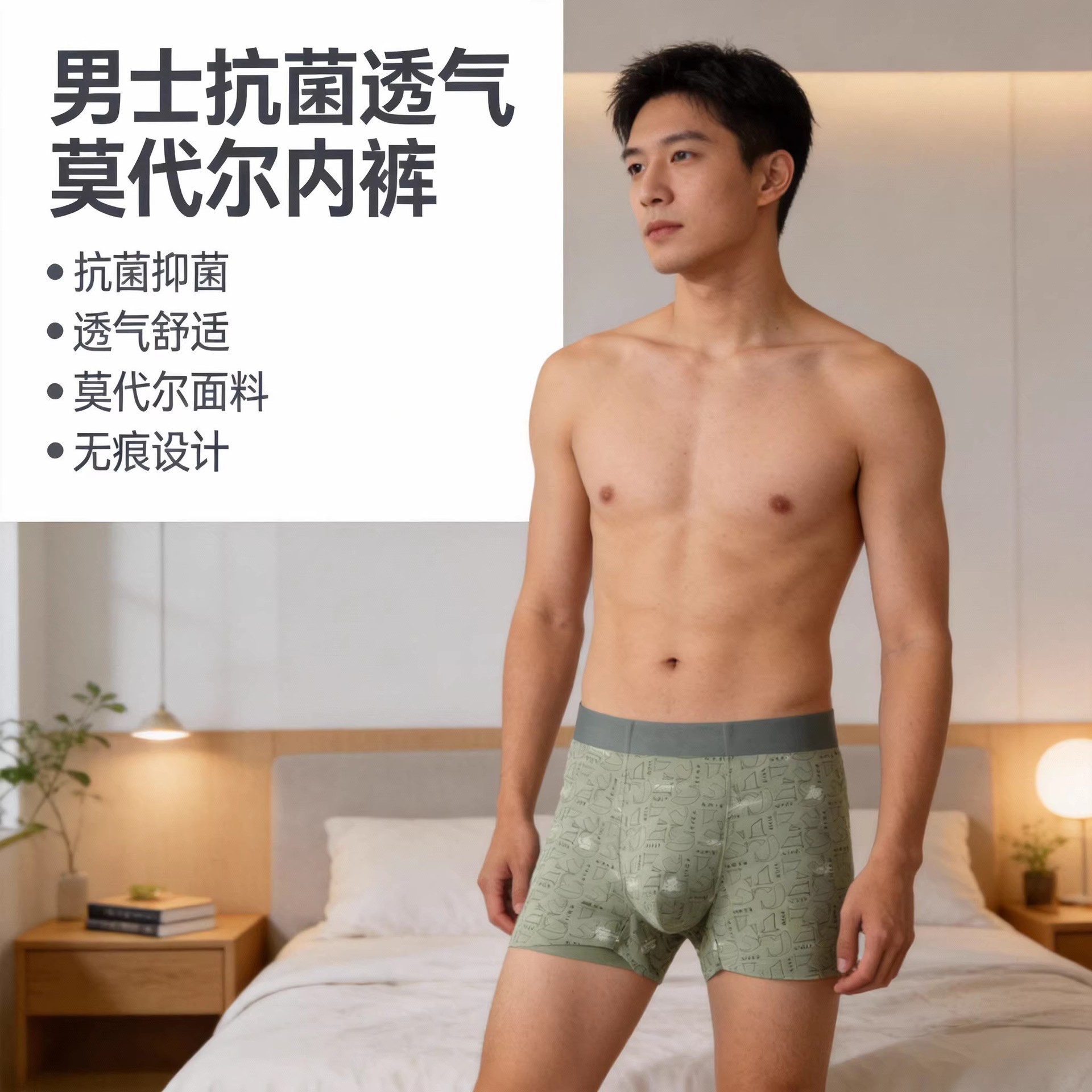 2026 New Product 60S Modal Trendy Printed Seamless Men's Underwear 5A Antibacterial Mid-Waist Breathable Boxer Briefs