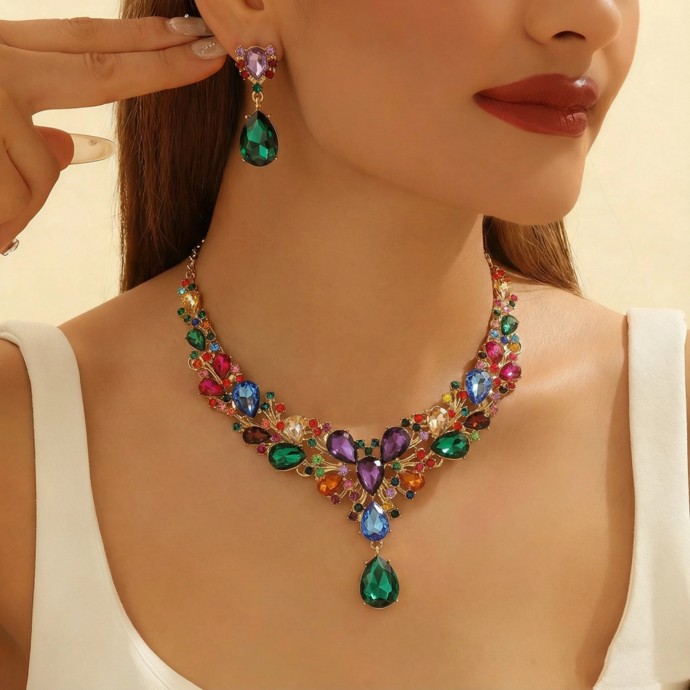 European and American Cross-Border Amazon Bridal Rhinestone Necklace and Earrings Set, Luxurious and Fashionable Women's Party and Banquet Accessories