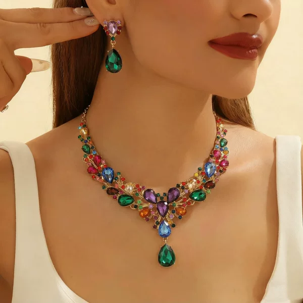 European and American Cross-Border Amazon Bridal Rhinestone Necklace and Earrings Set, Luxurious and Fashionable Women's Party and Banquet Accessories