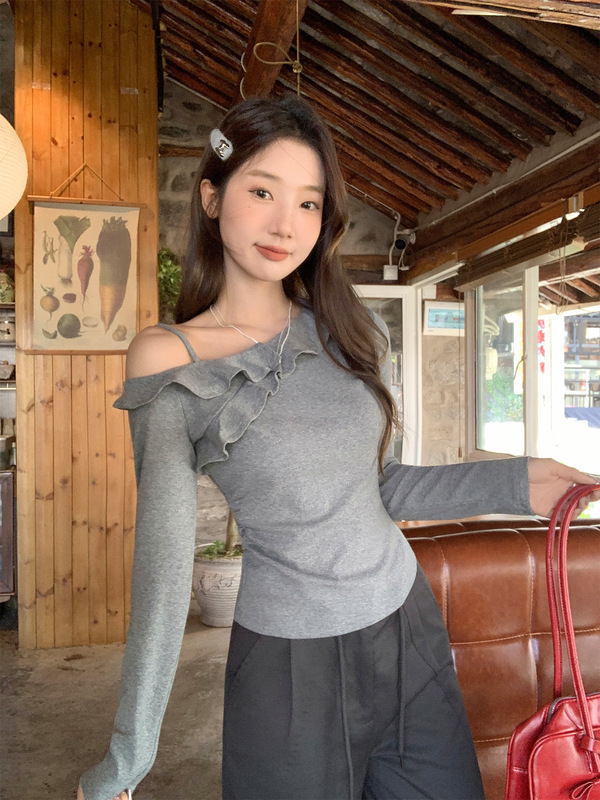韩系荷叶边ins巨好看吊带斜领露肩长袖T恤女秋季穿搭修身显瘦上衣|undefined