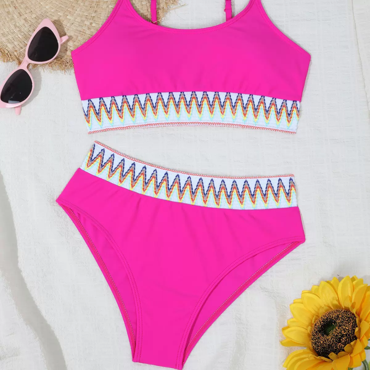 2024新款跨境亚马逊欧美性感纯色板带高腰分体比基尼女士泳衣泳装