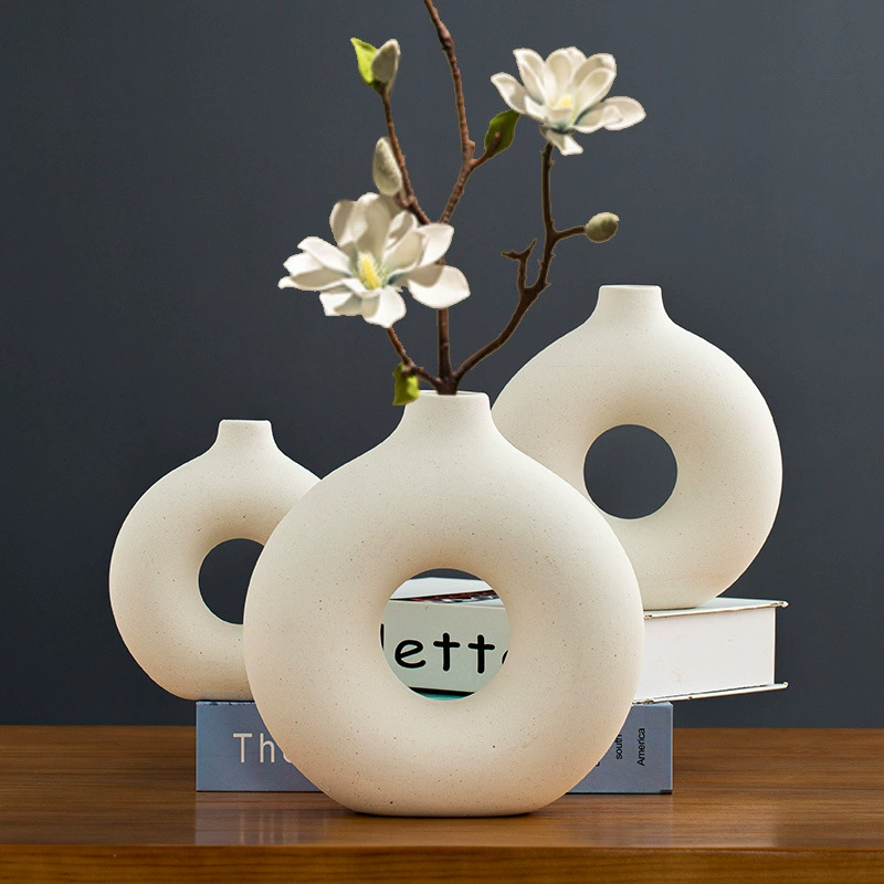 Retroin embryo ceramic vase Nordic style living room decorative ornament dry flower coarse potter custom round gray