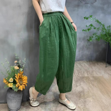 古咖服饰2025夏款新款苎麻双层小脚裤女松紧腰宽松显瘦哈伦裤麻裤