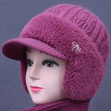 秋冬中老年人帽子护耳保暖兔毛针织帽防风加绒女士妈妈防寒毛线帽