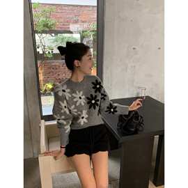 已出货～韩系松弛感软糯花卉提花圆领长袖毛衣套头针织衫女18932