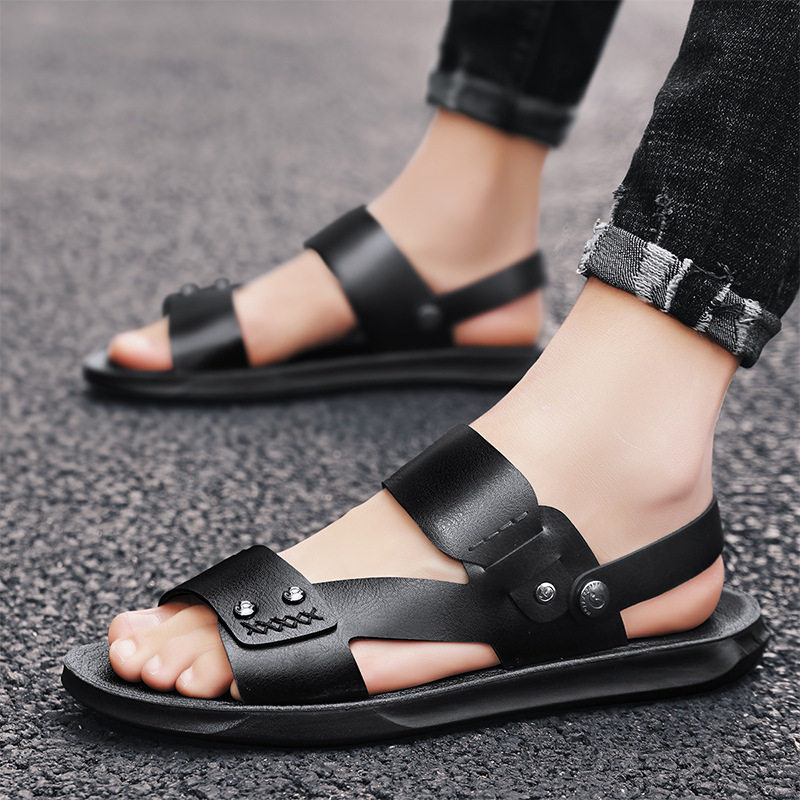 Dép sandal nam hở ngón chất liệu da PU chống trơn thoáng khí đi biển mùa hè — Màu nâu, Đen toàn bộ