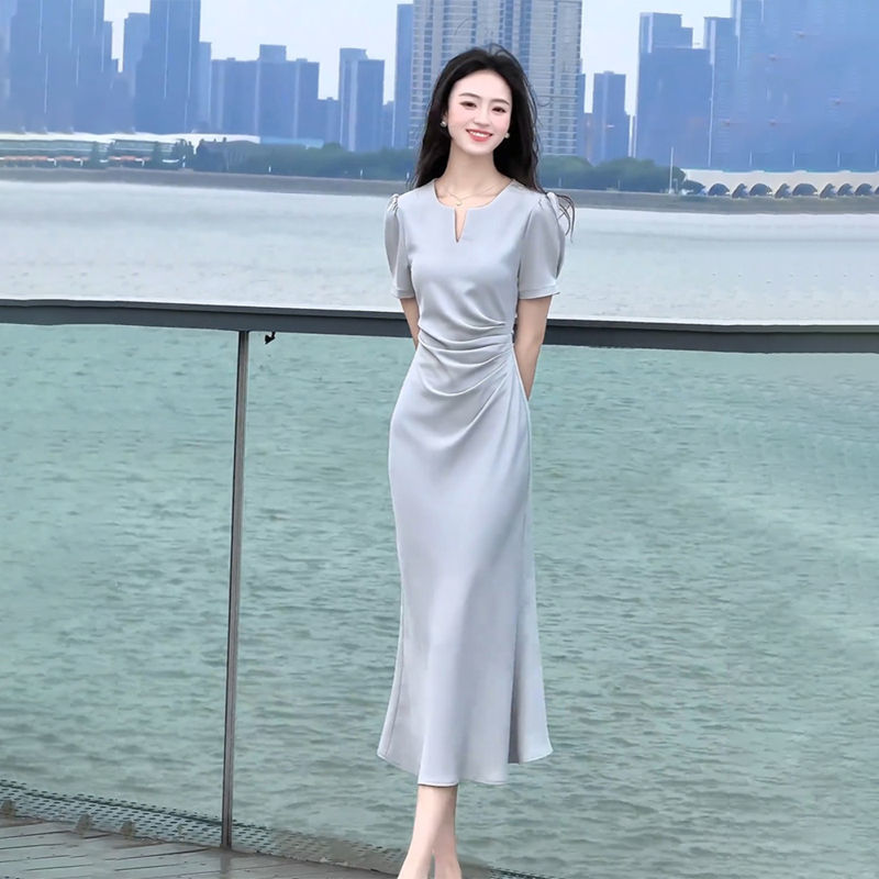 Tweed Style Fashion Dress Women's Summer New High-End French Style Dignified and Elegant Waist Slimming Look Blue Long Skirt Tweed Style Fashion Dress Women's Summer New High-End French Style Dignified and Elegant Waist Slimming Look Blue Long Skirt