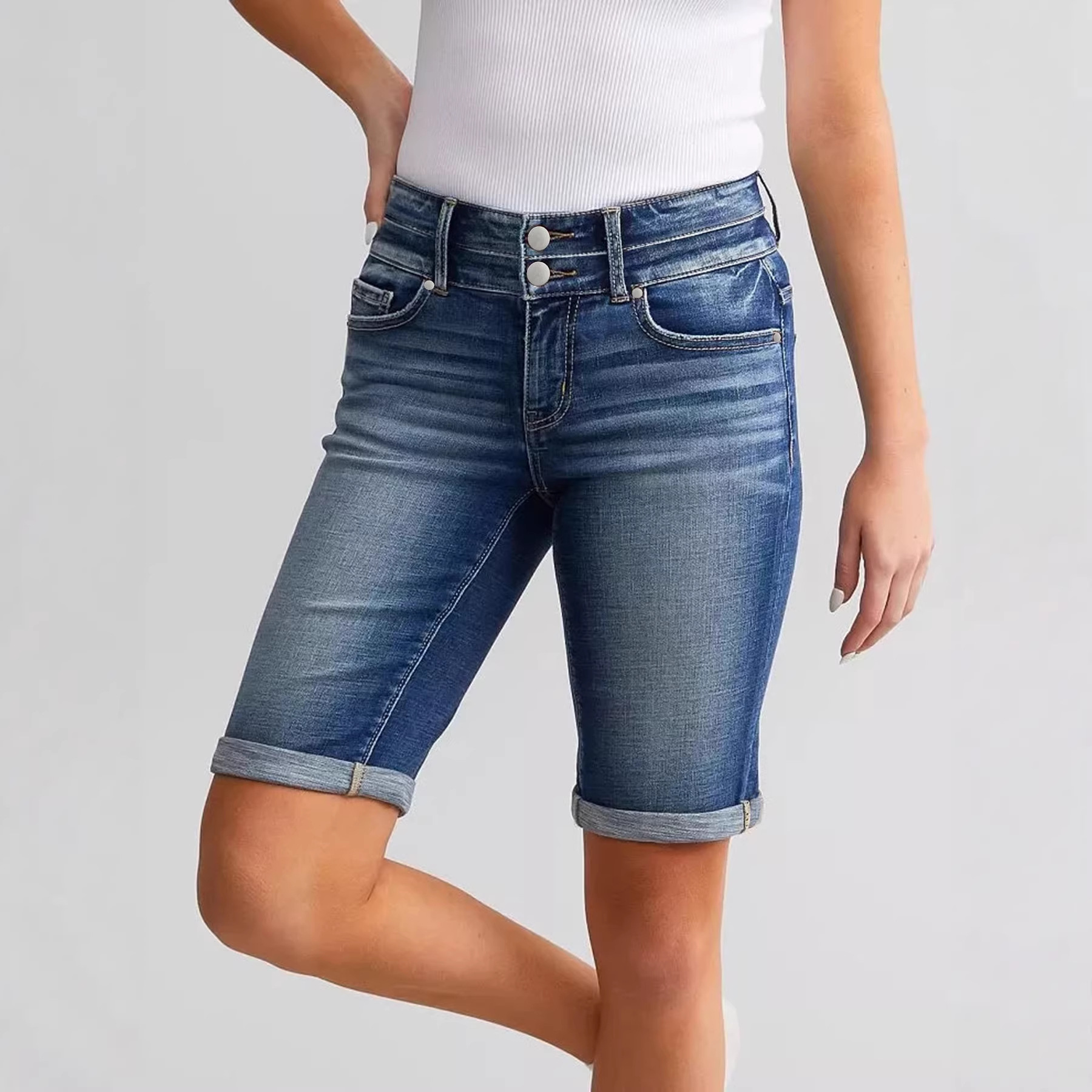 Trendy Cross-Border European and American New Fashion Elastic Five-Point Pants, Washed Double-Button Stretch Denim Shorts for Women