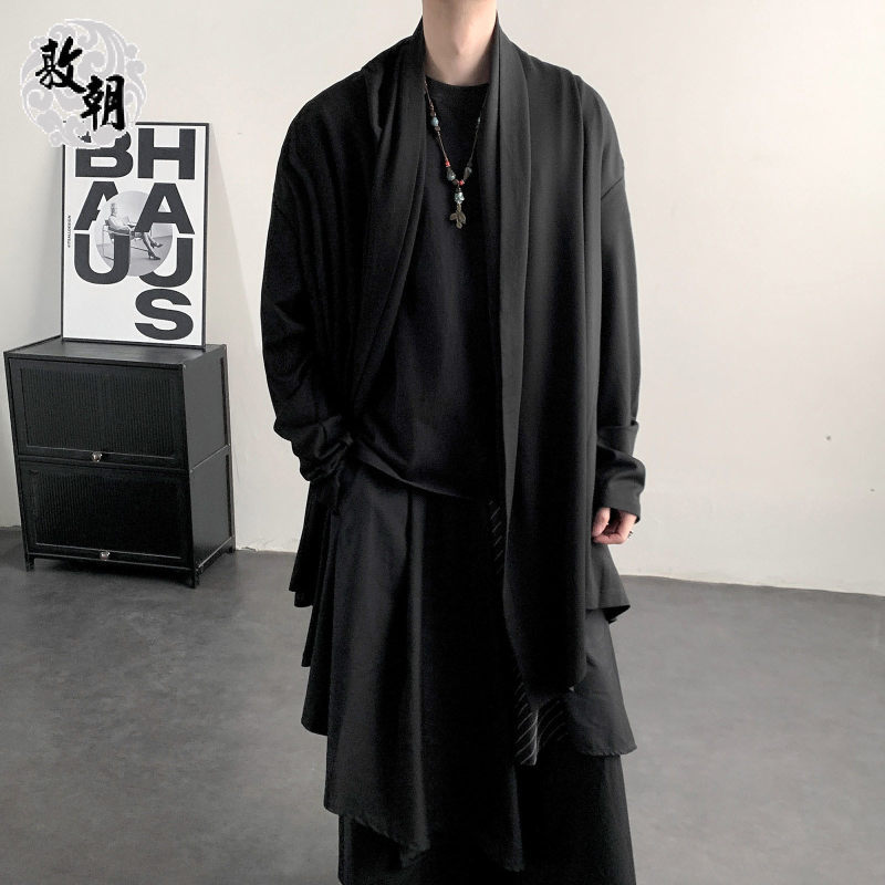 New Chinese Zen-inspired tea robe/cloak for men, spring style, irregular design, mid-length loose Hanfu jacket.