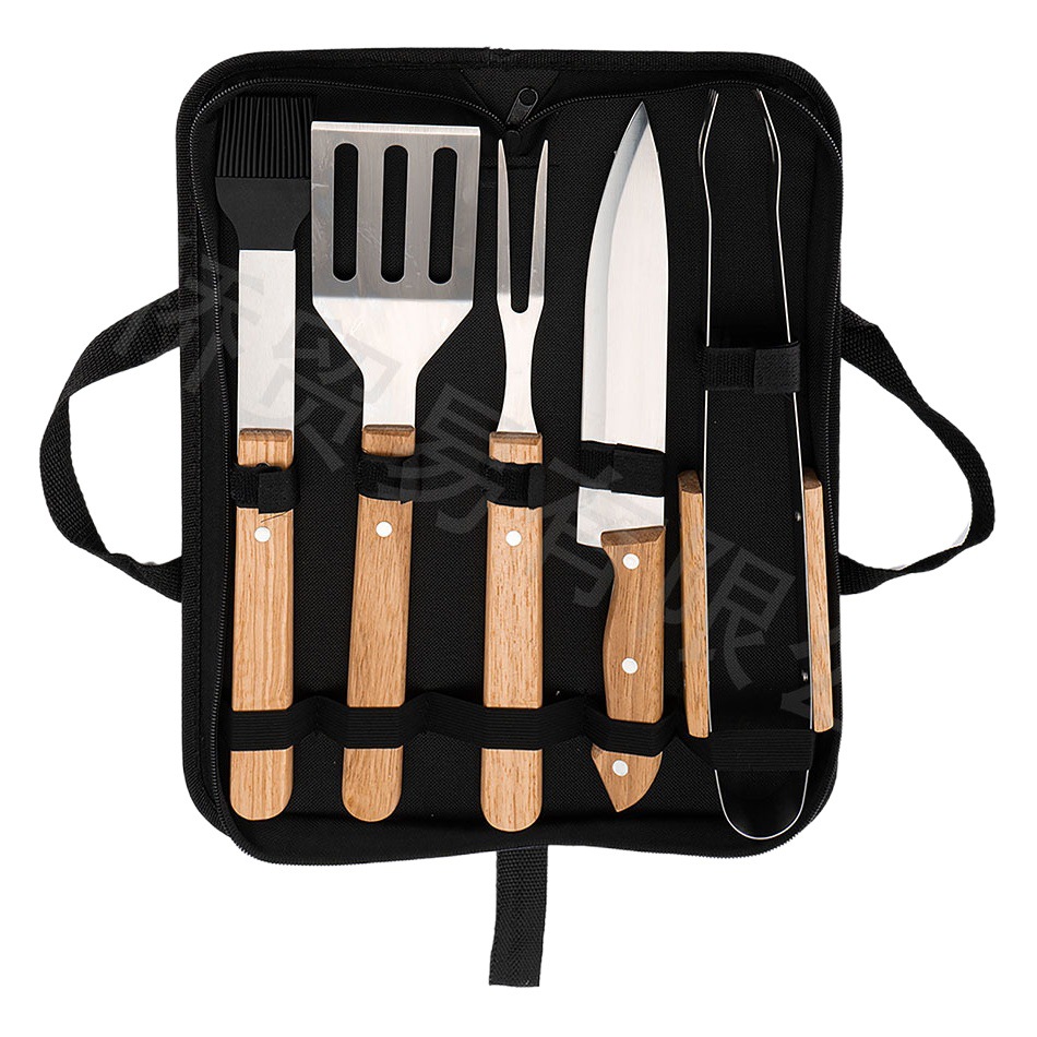Fábrica amazon barbacoa herramientas bolsa de tela mango madera para hornear set traje picnic al aire libre cuchillo acero inoxidable tenedor pala clip