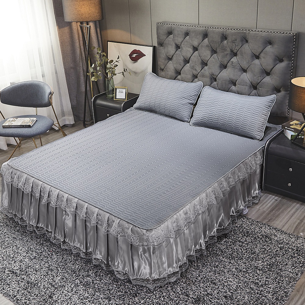 乳胶软席单人枕套三件套纯灰色双人清凉透气蕾丝床裙凉席套件批发|ms