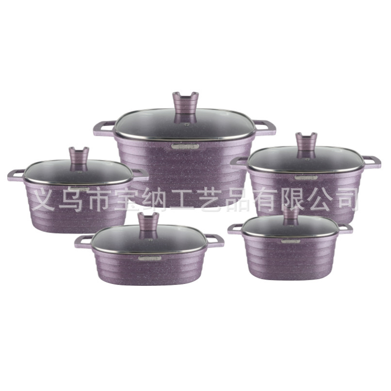 Juego de ollas cuadradas de 10 piezas para comercio transfronterizo, juego de ollas de aluminio fundido antiadherente, olla cuadrada para sopa con rayas horizontales, venta al por mayor