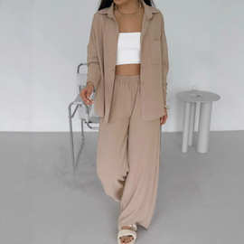 跨境欧美2025秋季热款亚马逊女装纯色开衫口袋休闲阔腿长裤套装