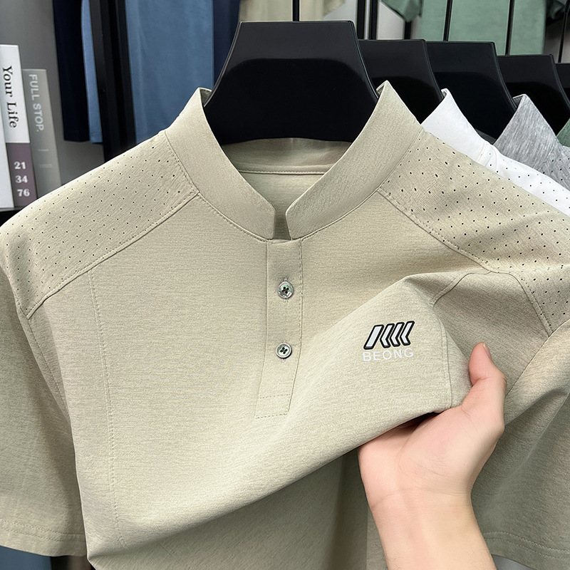 Ice Silk Stand-Up Collar Short-Sleeved T-Shirt for Men in Summer, Breathable, Loose, High-End, Business Casual, Fashionable Half-Sleeved Trendy Ice Silk Stand-Up Collar Short-Sleeved T-Shirt for Men in Summer, Breathable, Loose, High-End, Business Casual, Fashionable Half-Sleeved Trendy