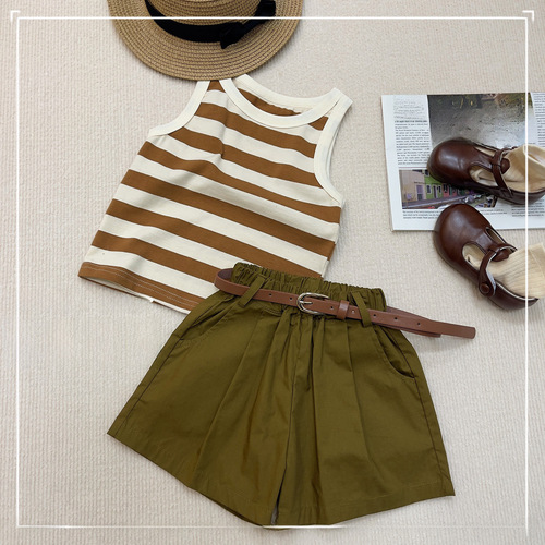 Girls' Set  Korean Style Trendy and Stylish Set Summer Dress Thin Children Striped Tank Top and Shorts
