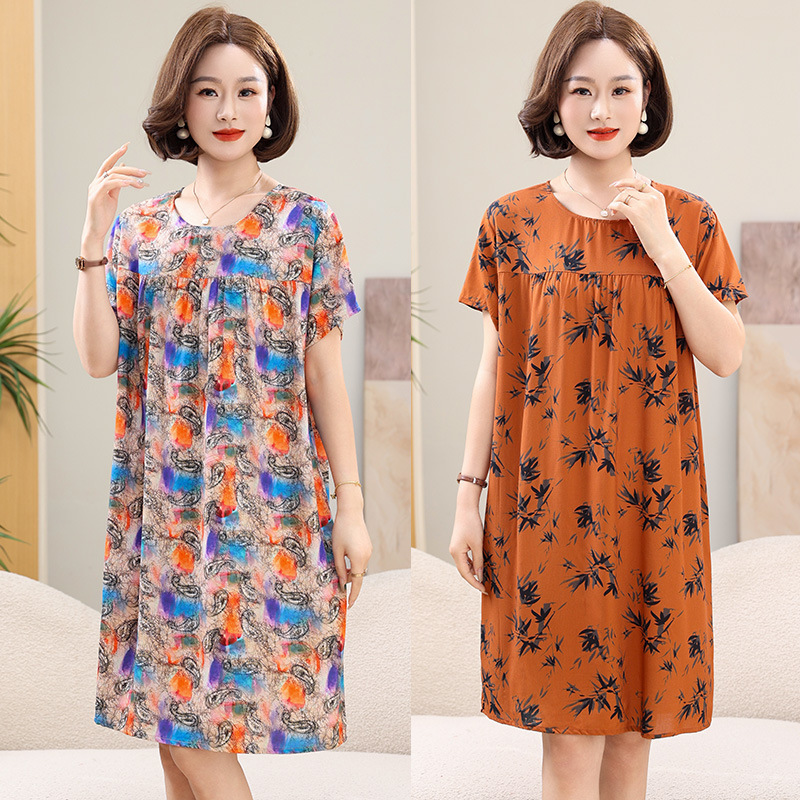 Mom's Summer Cotton Silk Over-The-Knee Dress for Middle-Aged and Elderly Women, Short-Sleeved, Lightweight, Mid-Length, Large Size, Loose Floral Dress