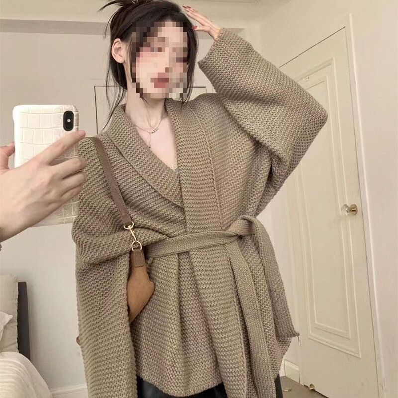 Large Size French-Style Collar Cardigan Jacket for Women, Spring and Autumn Lazy Style, Waist-Cinching, Tie-Up, Thick Knit Sweater Top