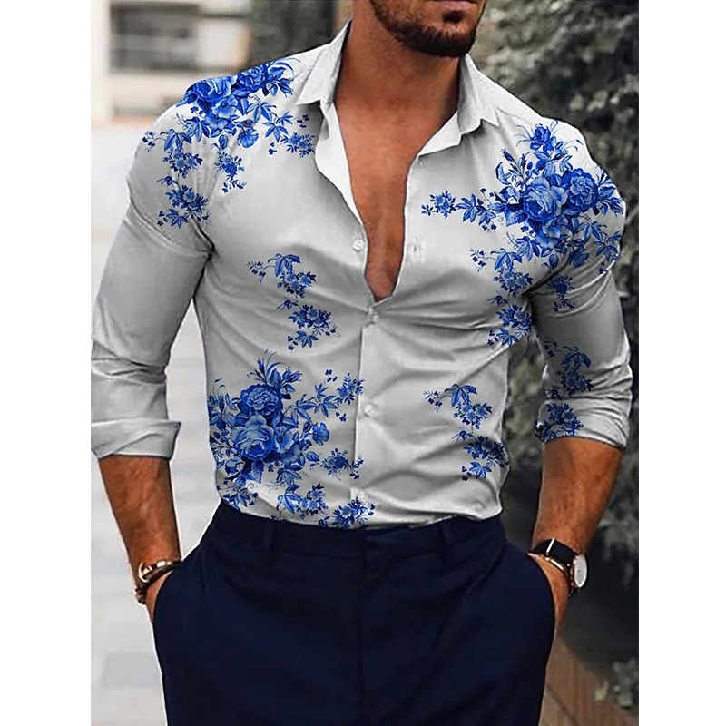 Transfronterizo 2025 primavera y otoño nuevo estilo de los hombres europeos y americanos más el tamaño de la camisa con estampado de plantas de rosas de manga larga